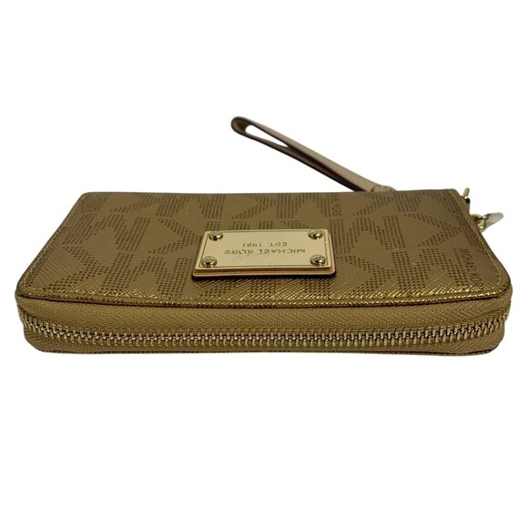 MICHAEL KORS MK Logo Gold Leather Zip Around Jet Set Wallet Wristlet Clutch - Picture 4 of 10
